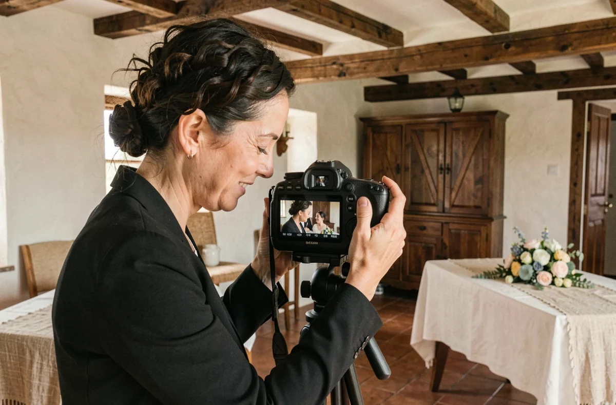 Photographe de mariage femme partageant les photos avec une mariée dans un mas provençal près de Montpellier