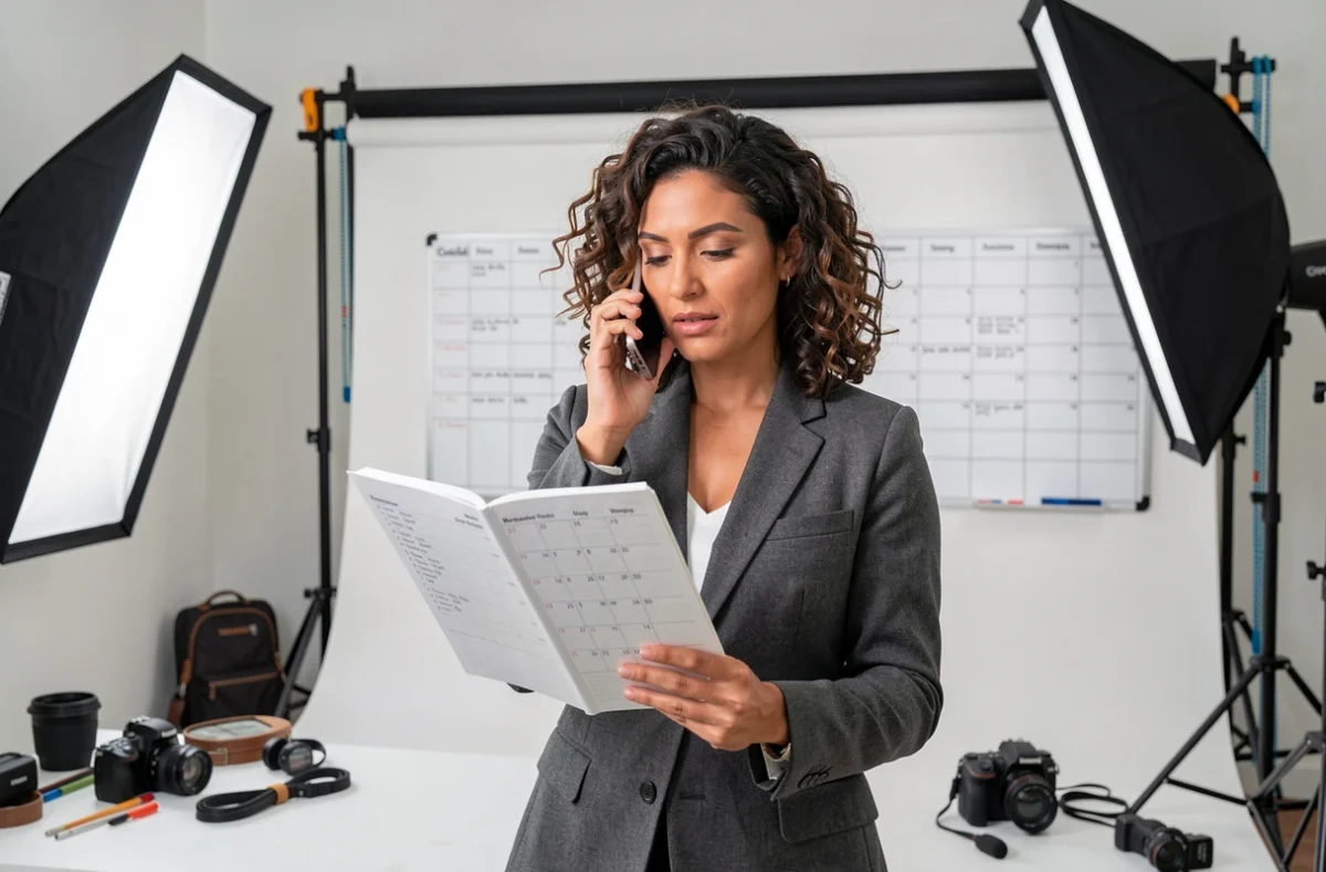Photographe professionnelle gérant son planning de réservations dans un studio photo au Blanc-Mesnil