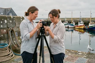 Photographe professionnelle réglant son appareil photo sur le quai du port de Pont-l'Abbé en Bretagne