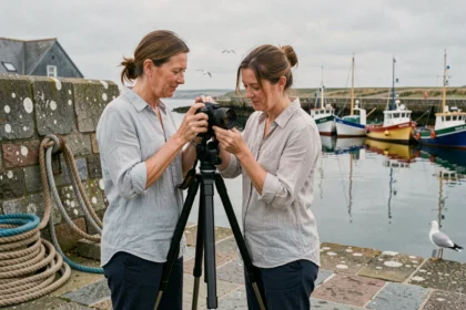 Photographe professionnelle réglant son appareil photo sur le quai du port de Pont-l'Abbé en Bretagne