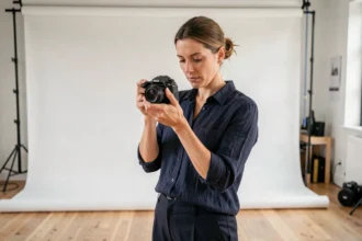 Photographe professionnelle qui examine ses photos dans un studio moderne à Massy