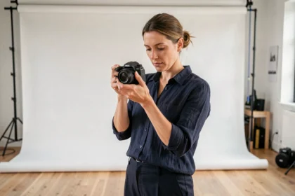 Photographe professionnelle qui examine ses photos dans un studio moderne à Massy
