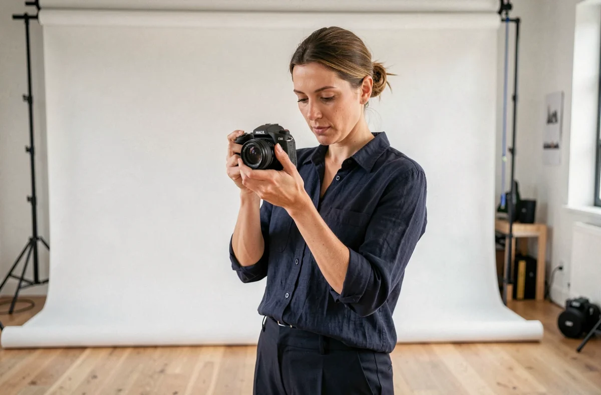 Photographe professionnelle qui examine ses photos dans un studio moderne à Massy