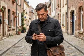 Photographe professionnel consultant son téléphone en urgence dans une rue pavée d'Armentières pour une réservation de dernière minute