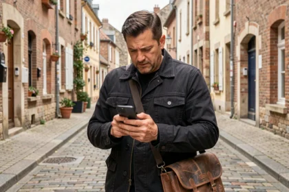 Photographe professionnel consultant son téléphone en urgence dans une rue pavée d'Armentières pour une réservation de dernière minute