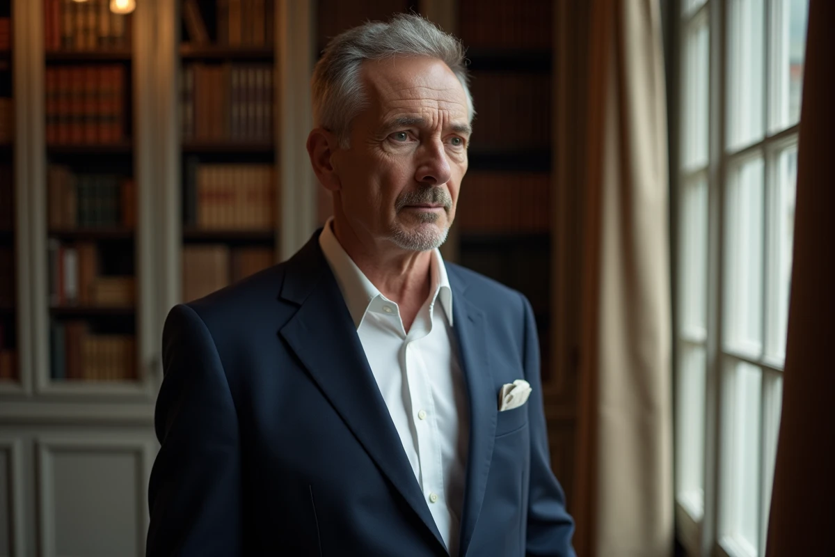 Portrait d'un homme élégant en veste marine dans un intérieur européen raffiné, style photo de presse discrète