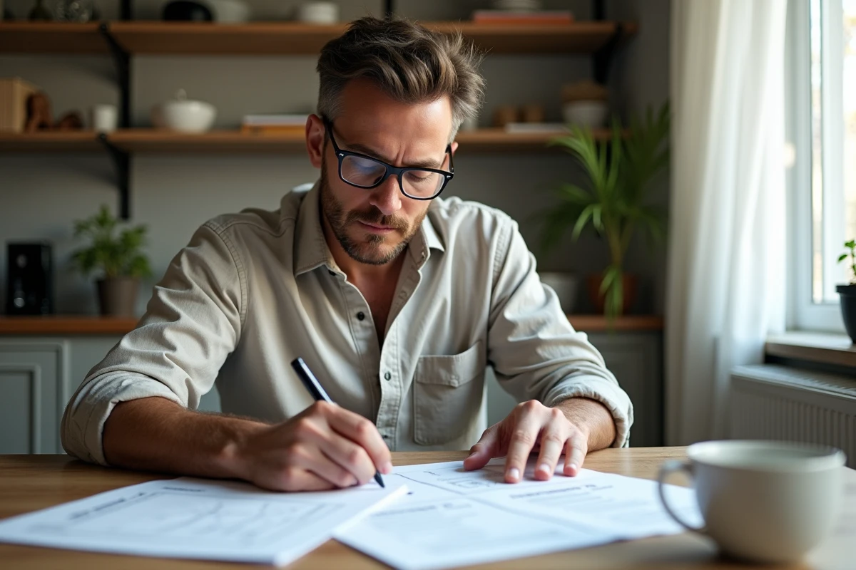 Homme organisant des documents administratifs pour un mariage étranger en France à son bureau dans un appartement parisien