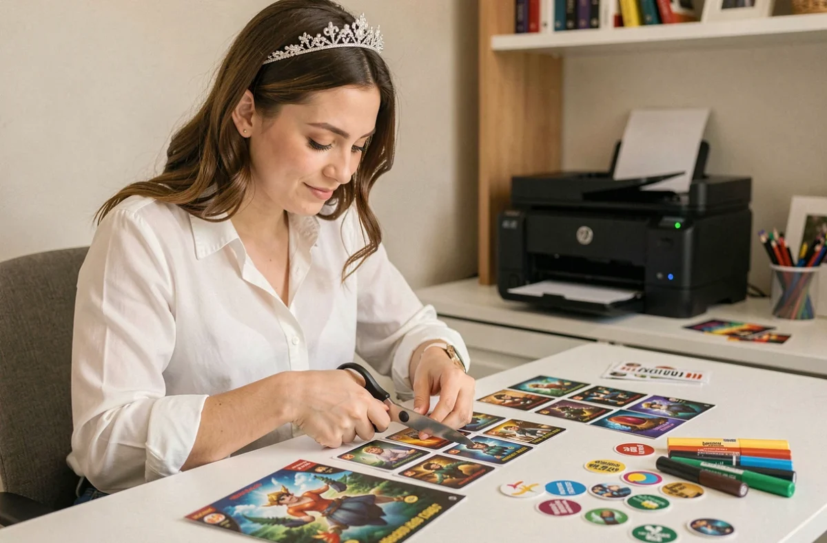 Femme préparant un jeu EVJF à imprimer gratuitement à la maison en découpant des cartes de jeu imprimées