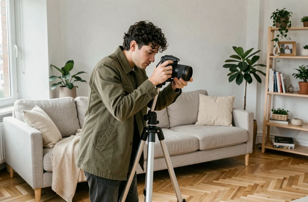Photographe qui prépare une session photo portrait en appartement à Massy