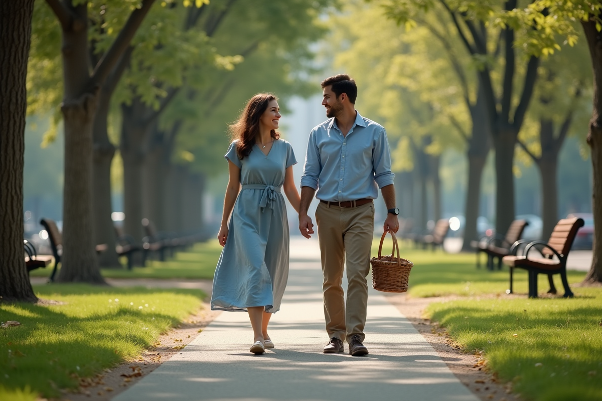 Jeune couple marchant dans un parc urbain paisible