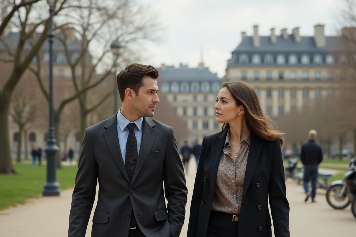 Homme et femme en costume dans un parc parisien au printemps