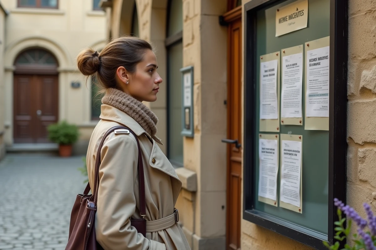 Jeune femme lisant la publication des bans affichée sur le panneau extérieur d'une mairie française dans un village