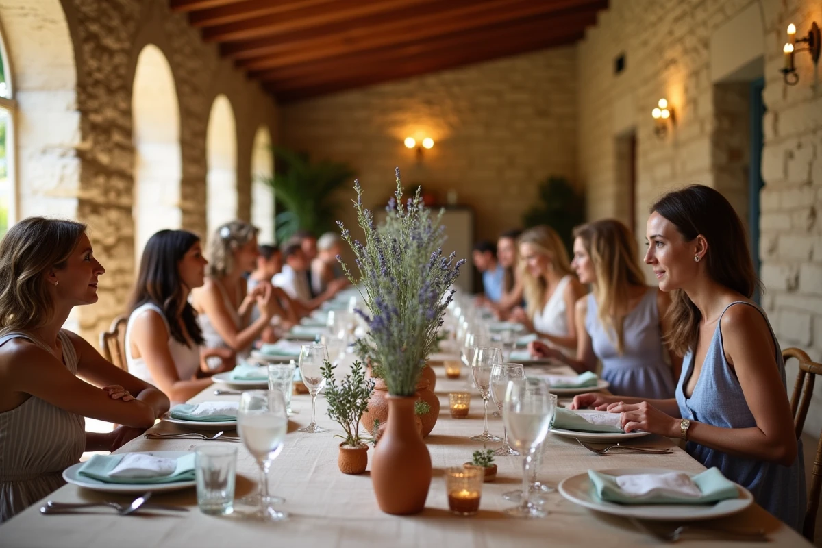 Table de réception de mariage provençale décorée de lavande et de céramiques, dans un mas en pierre avec des invités en tenue estivale élégante