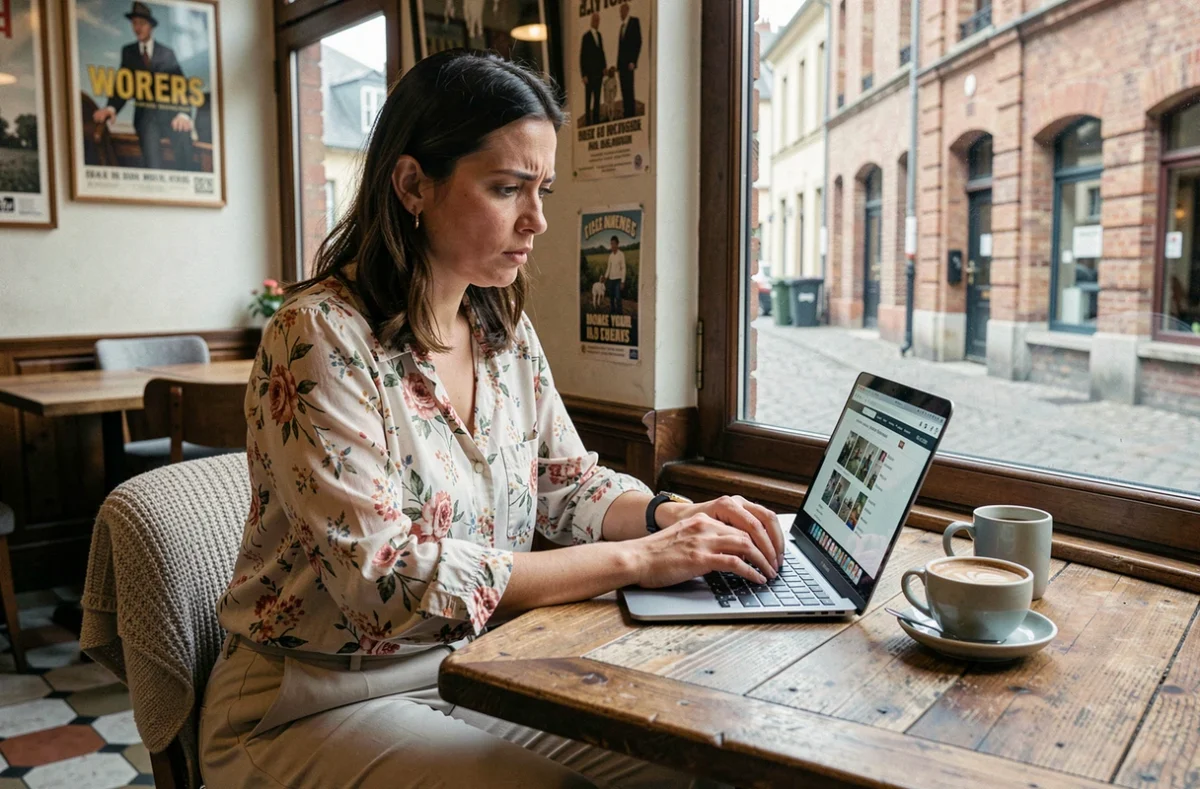 Femme recherchant un photographe disponible en urgence sur son ordinateur dans un café à Armentières