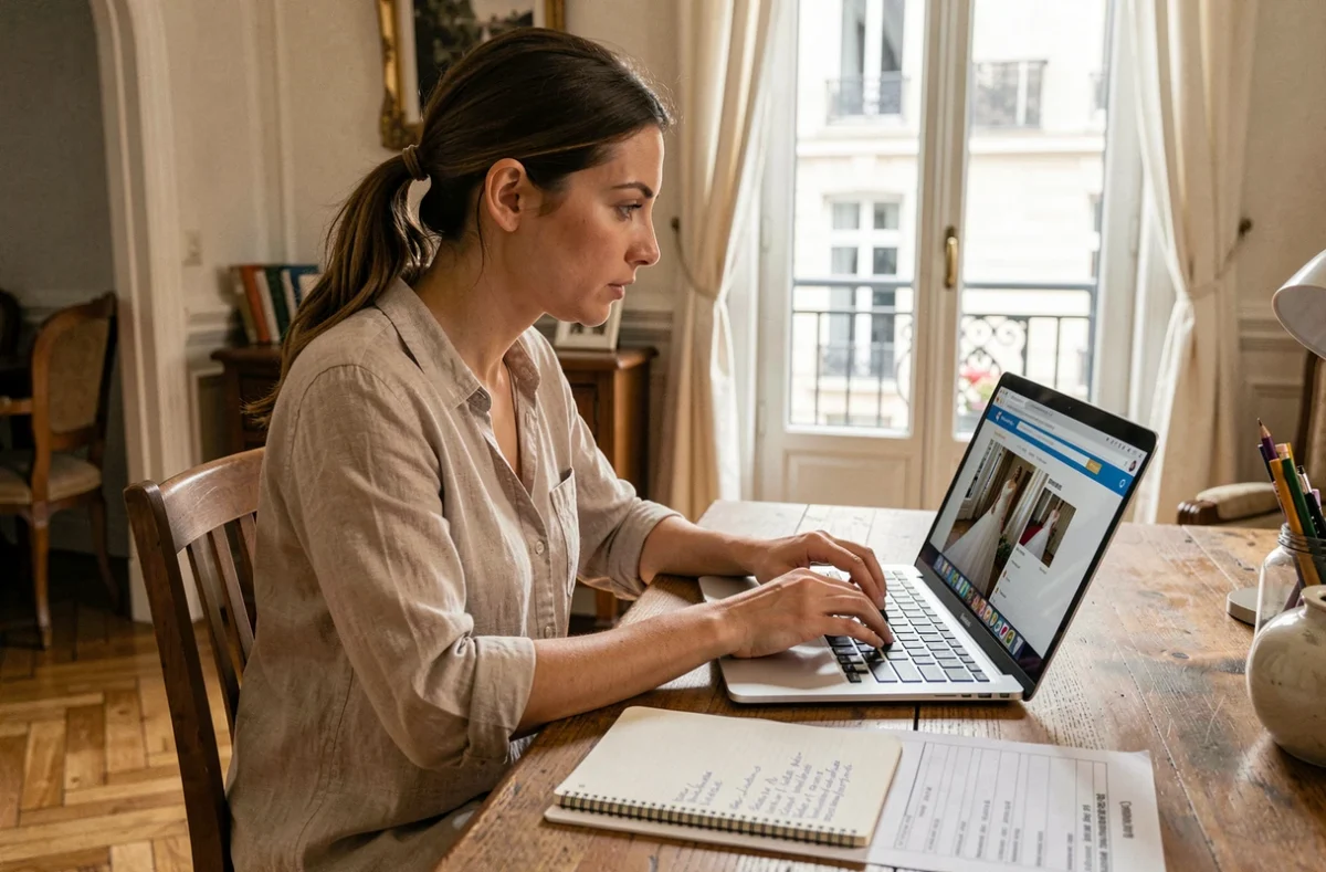 Future mariée recherchant des robes de mariée pas chères en ligne depuis son appartement parisien pour un mariage de dernière minute