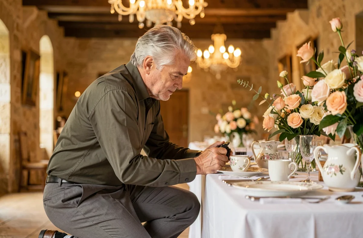 Régis Moscardini saisissant les détails de décoration d'une table de réception dans un domaine historique de Franche-Comté