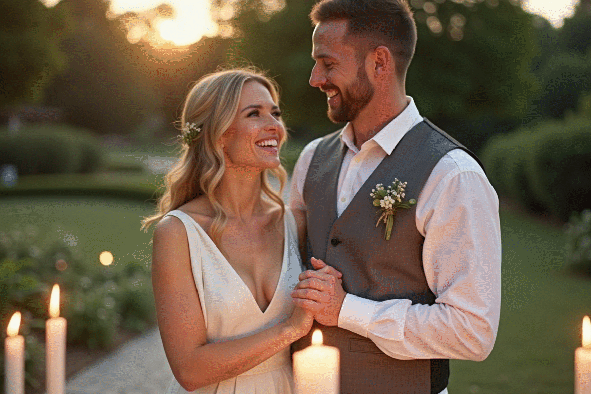 Couple souriant renouvelant leurs vœux en plein air avec bougies