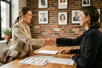 Photographe professionnelle au Blanc-Mesnil signant un contrat de réservation avec un couple dans un studio