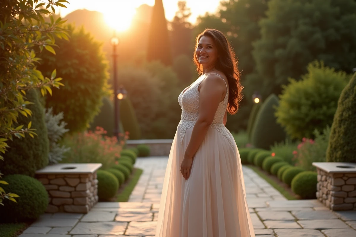 Femme en robe de mariée élégante et fluide lors du coucher de soleil