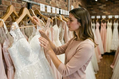 Femme examinant une robe de mariée d'occasion dans une boutique de seconde main spécialisée