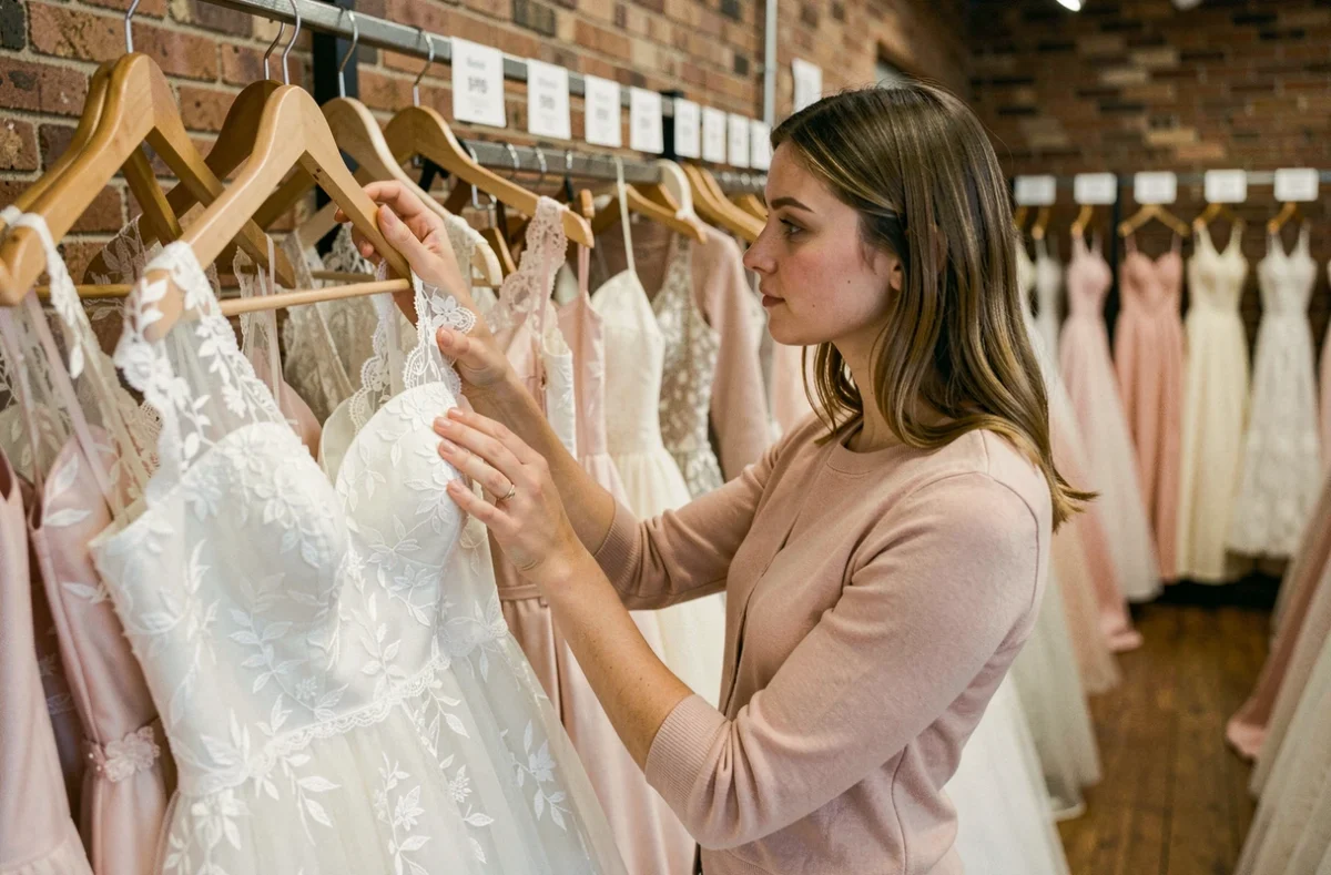 Femme examinant une robe de mariée d'occasion dans une boutique de seconde main spécialisée
