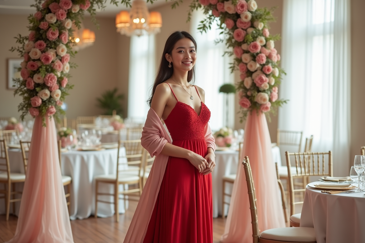 Jeune femme en robe rouge élégante lors d'un mariage