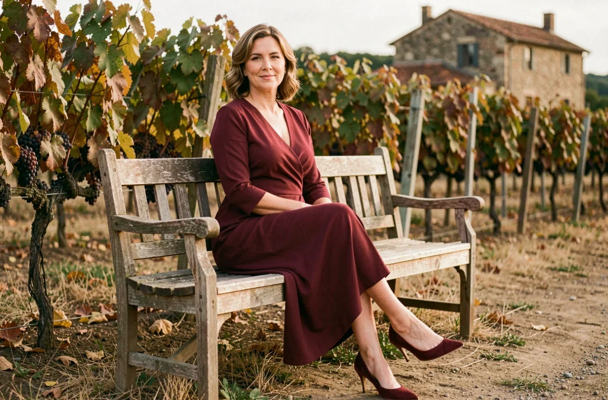 Femme en robe portefeuille bordeaux assise dans un vignoble rustique, look d'invitée de mariage champêtre chic