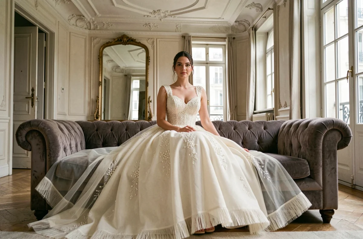 Mariée assise en robe ivoire princesse brodée de perles dans un appartement haussmannien parisien