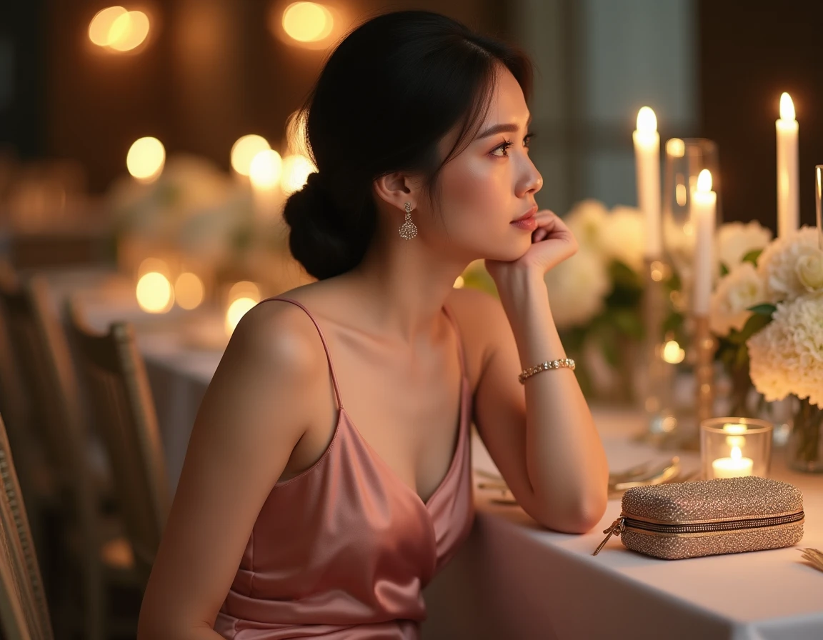 Femme assise en robe longue rose satiné lors d'une réception de mariage avec accessoires minimalistes dorés