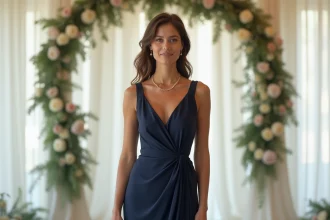 Femme portant une longue robe de soirée bleu marine accessoirisée avec discrétion lors d'un mariage élégant
