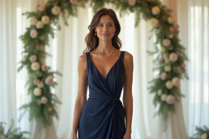 Femme portant une longue robe de soirée bleu marine accessoirisée avec discrétion lors d'un mariage élégant