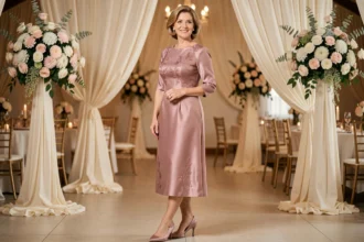 Femme élégante d'une cinquantaine d'années en robe midi rose poudré avec dentelle, parfaite pour une maman de la mariée lors d'une cérémonie de mariage