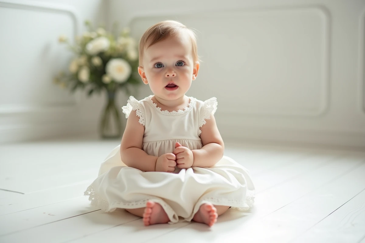 Bébé fille en robe de mariage blanche simple avec dentelle, assise sur un plancher en bois blanc