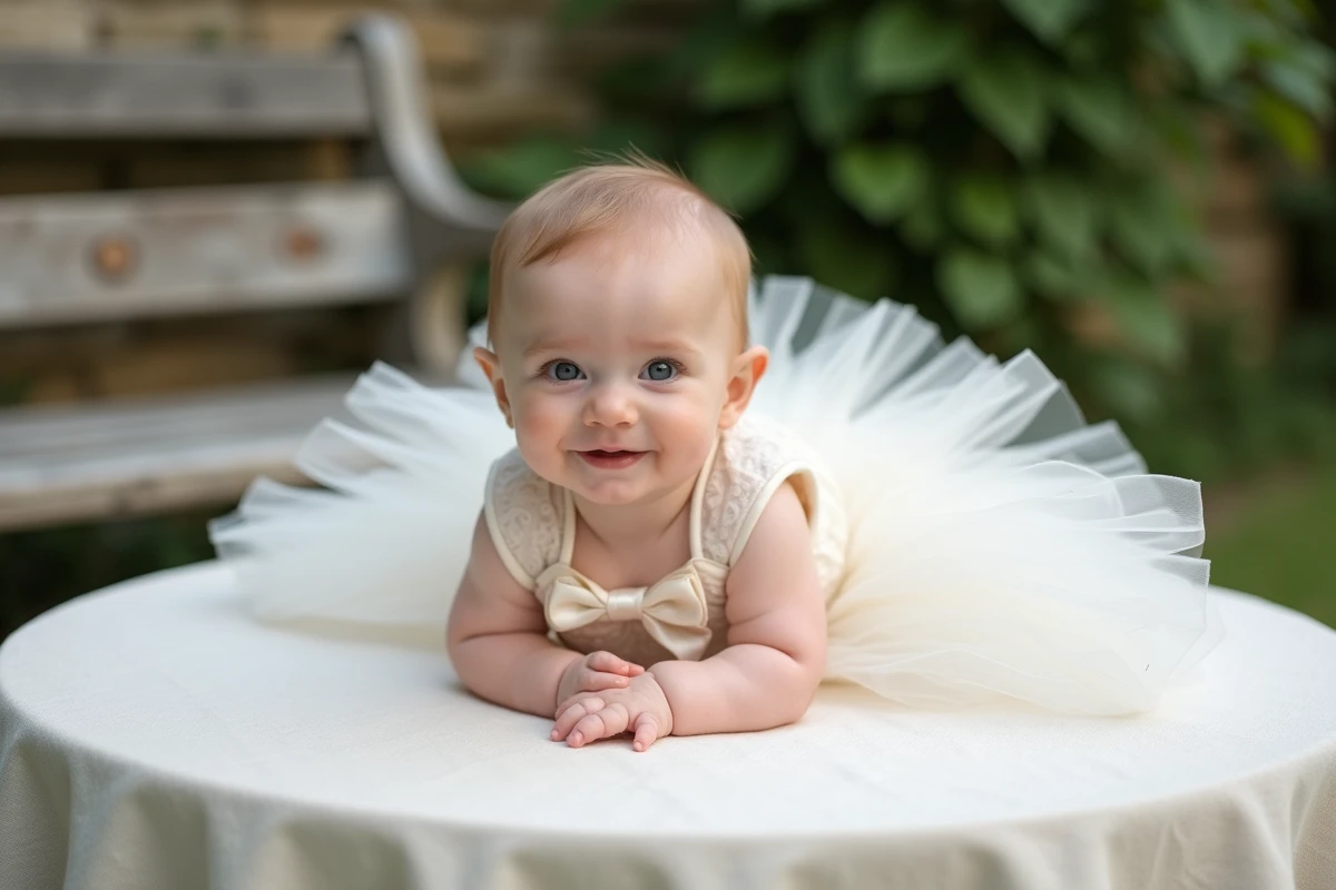 Robe mariage bébé toute simple en tulle blanc avec nœud satin, vue du dessus en extérieur