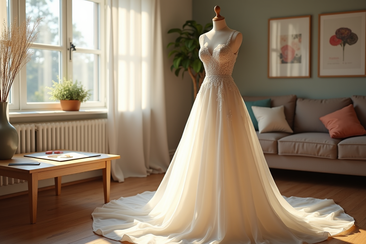 Robe de mariage sur mannequin avec planche d