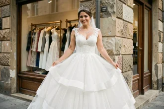 Jeune mariée gitane en robe de bal blanche volumineuse avec dentelle devant une boutique de robes de mariage vintage