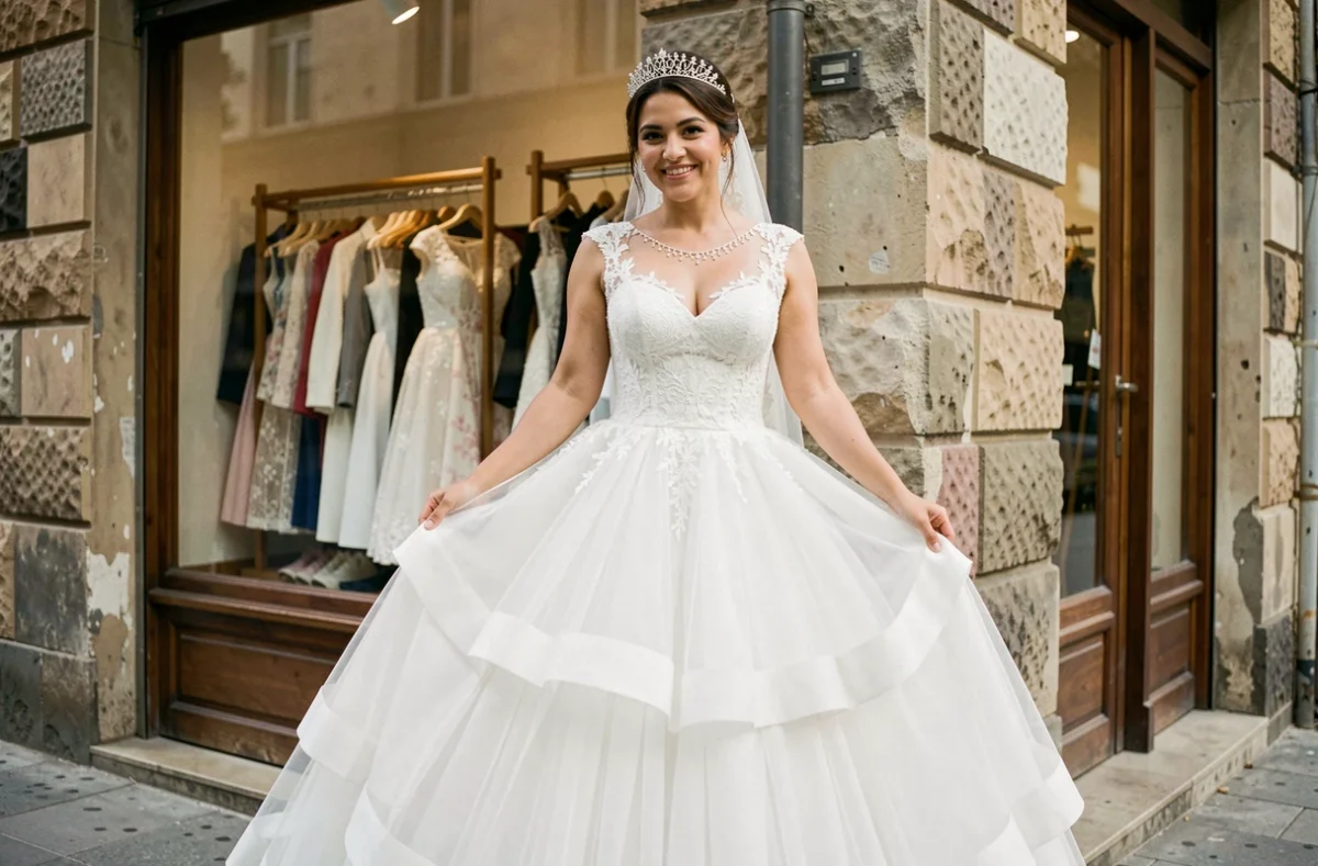 Jeune mariée gitane en robe de bal blanche volumineuse avec dentelle devant une boutique de robes de mariage vintage