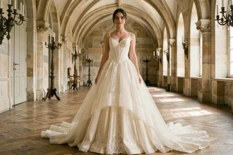 Mariée en robe ivoire princesse avec corsage en dentelle et jupe en tulle dans un château européen