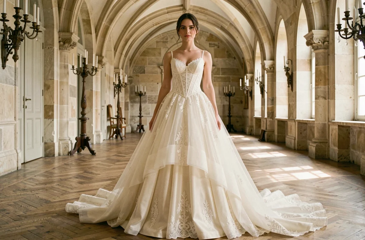 Mariée en robe ivoire princesse avec corsage en dentelle et jupe en tulle dans un château européen