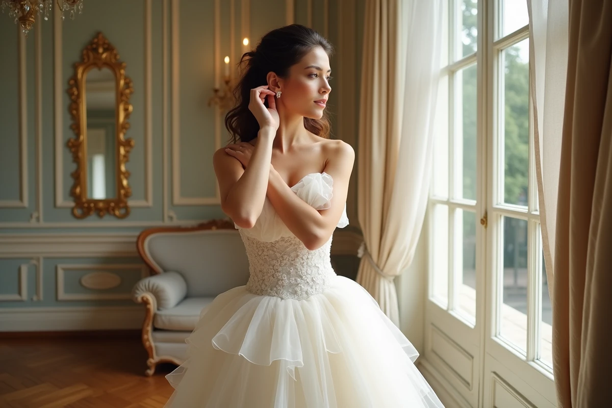 Femme en robe courte dans un intérieur parisien élégant