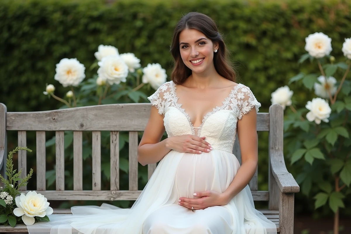 Mariée enceinte en robe de mariée abordable en dentelle assise dans un jardin fleuri avec un bouquet de pivoines