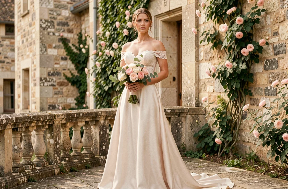 Mariée en robe bohème chic structurée avec dentelle et soie sur terrasse de château en pierre style Provence