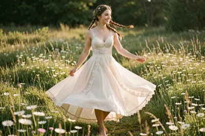Mariée en robe bohème ivoire avec dentelle et chiffon dans une prairie de fleurs sauvages, style bohème décontracté
