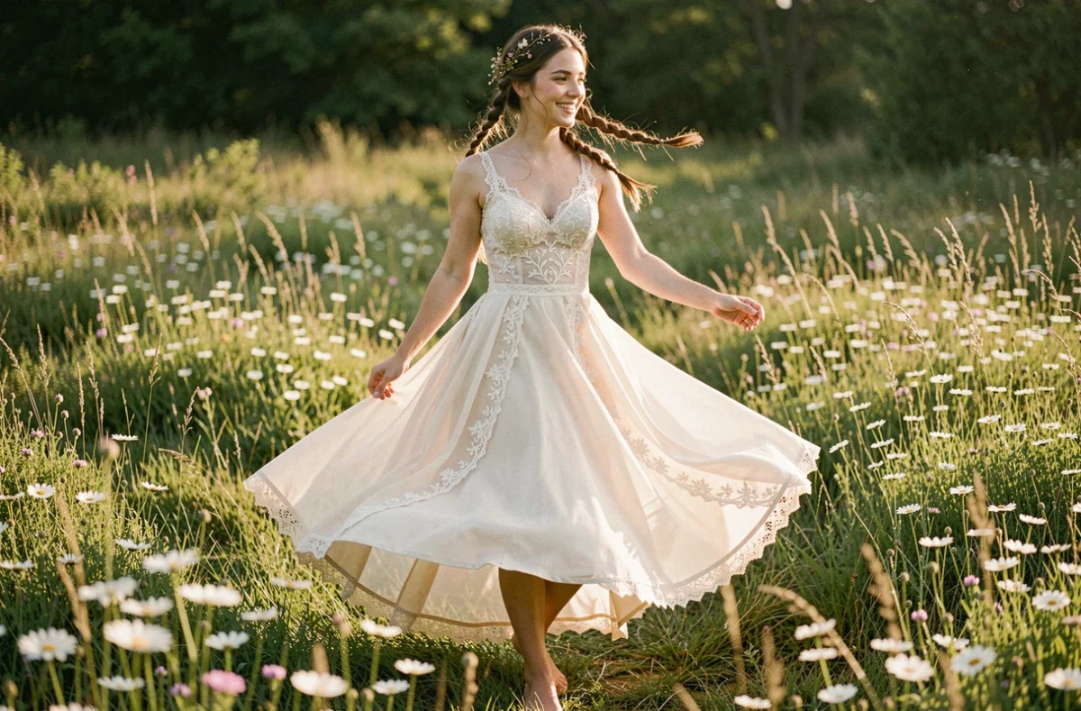 Mariée en robe bohème ivoire avec dentelle et chiffon dans une prairie de fleurs sauvages, style bohème décontracté