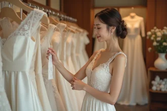 Jeune femme essayant une robe de mariée en satin ivoire dans une boutique de mariage, examinant l'étiquette de prix avec une expression réfléchie