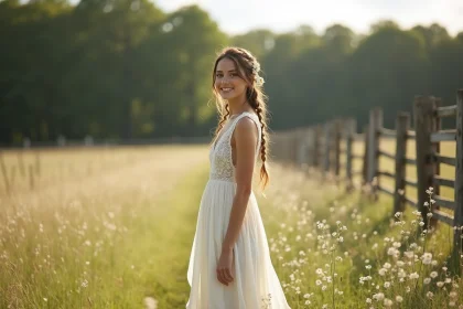 Mariée en robe champêtre ivoire en dentelle dans un champ de fleurs sauvages pour un mariage rustique pas cher