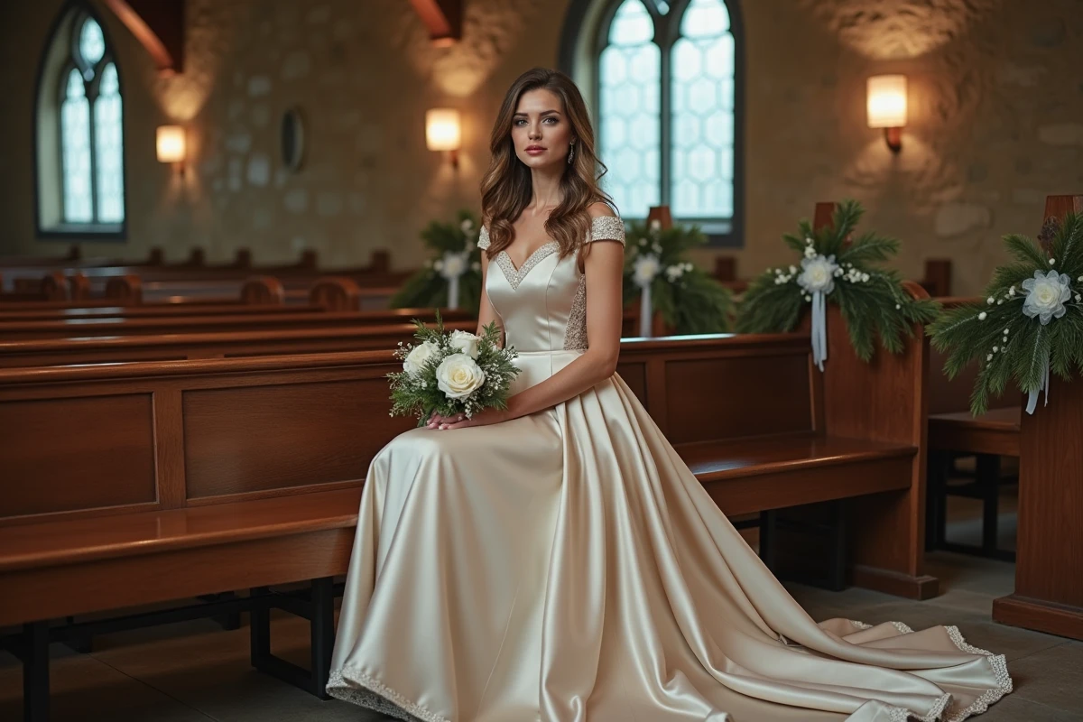 Mariée en robe champagne col montant avec bordure en velours dans une chapelle rustique décorée pour un mariage d'hiver