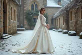 Mariée en robe longue ivoire à manches en dentelle dans la cour enneigée d'un château français en hiver 2026