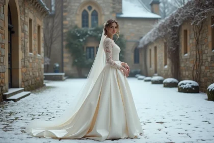 Mariée en robe longue ivoire à manches en dentelle dans la cour enneigée d'un château français en hiver 2026