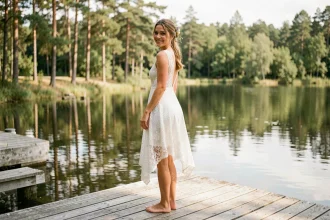 Femme portant une courte robe de mariée en dentelle bohème sur un ponton en bois au bord d'un lac entouré de pins